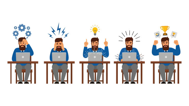 Man Working on Laptop Vector Illustration &ndash; Bearded Office Worker, Programmer, and Work Success.