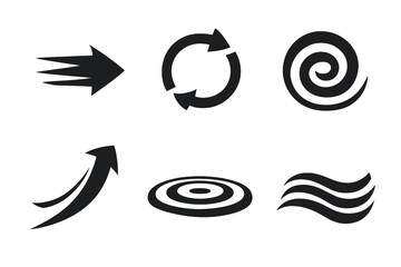 Obraz premium Dynamic Icons Collection. Solid vector icons of movement and motion: arrow, loop, spiral, curve, ripple, wave No text, No labels,
