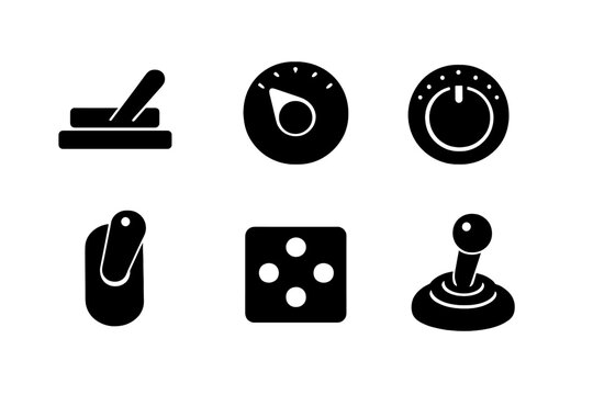 Control Tools Icons. Solid vector icons of control tools: lever, dial, knob, switch, pad, joystick No text, No labels, isolated