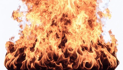 Fiery orange and red flames blaze with heat and energy in a closeup abstract of a burning fireplace inferno against a dark black background