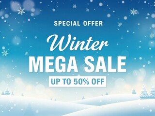 Winter mega sale advertisement with snowy landscape and special offer
