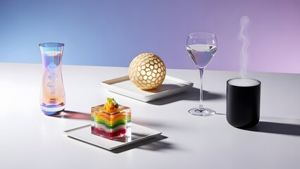 A beautifully arranged table setting with a colorful dessert and drinks on a white table against a purple and blue background