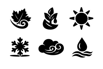 Naklejka premium Seasonal Icon Collection. Solid vector icons of seasons and symbols: autumn leaf with swirl, spring bud with drop, summer sun with