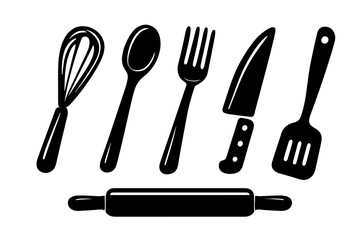 Naklejka premium Playful Kitchen Icons. Solid vector icons of playful kitchen tools: whisk, spoon, fork, knife, rolling pin, spatula No text, No
