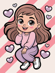 Fototapeta premium cute girl with brown hair wearing pink and purple outfit surrounded by hearts