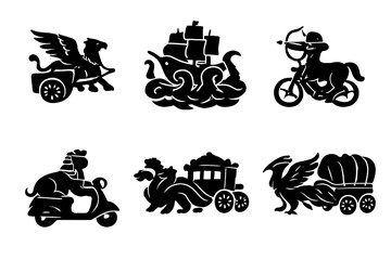 Naklejka premium Mythical Transport Icons. Solid style icons of Mythical Transport: chariot griffin, ship kraken, bike centaur, scooter sphinx,