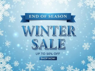 An end of season winter sale advertisement with snowflakes on a blue background and a shop now button