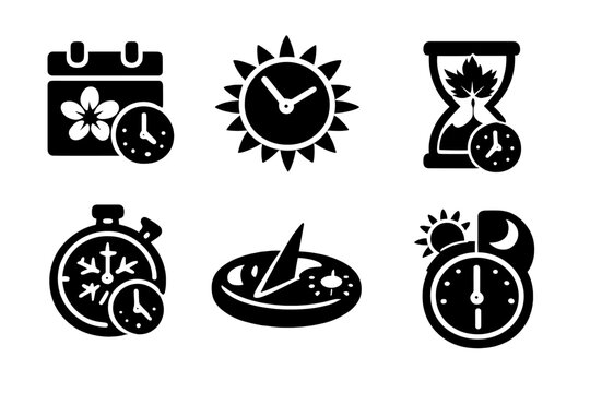 Seasonal Time Icons. Solid style icons of Seasonal Time: spring calendar, summer sun clock, autumn leaf hourglass, winter snow