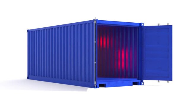 Beautiful blue cargo shipping container on white background. The doors of the shipping container are opening and camera moves slow out.