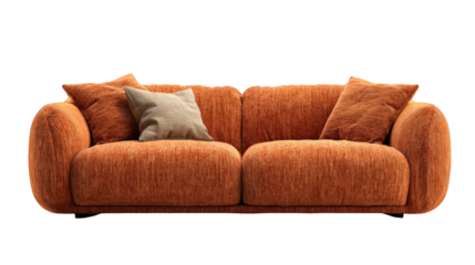 Plush contemporary two-seater sofa upholstered in textured burnt orange fabric with accent pillows on transparent background