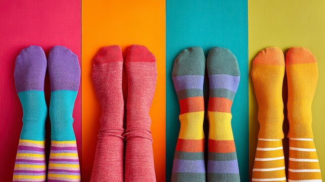 Four pairs of socks, each a vibrant color, are displayed against a matching background. Different patterns adorn the socks