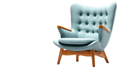 Elegant mid century modern wingback armchair upholstered in light blue fabric with wooden accents on transparent background
