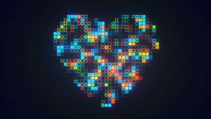 Digital heart composed of glowing colorful pixel squares on a dark background