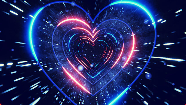 Neon hearts forming a futuristic tunnel with glowing blue and red lines