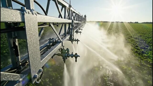 Close up of agricultural sprayer boom applying liquid over green crop field in bright sunlight