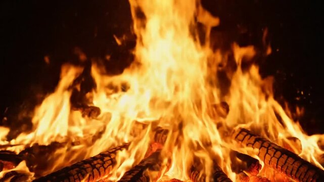 Burning campfire with large flames and blazing heat in a dark outdoor setting at night