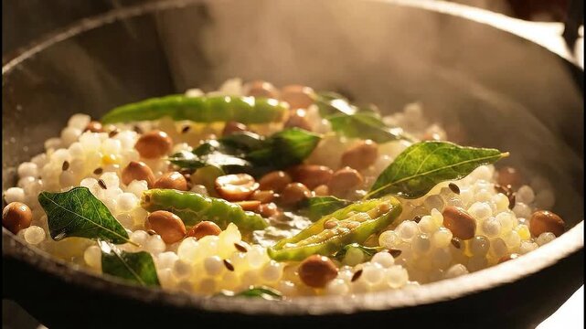 Close up slow motion of steaming sabudana khichdi in a kadai
