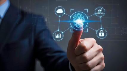 Businessmans Finger Scans Biometric Fingerprint on Digital Interface with Cloud and Data Icons
