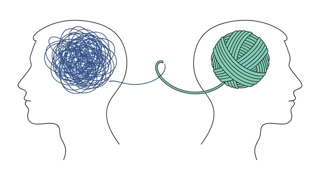 Mental health concept illustrated by two human heads connected through a continuous line brain in blue and green vector style.