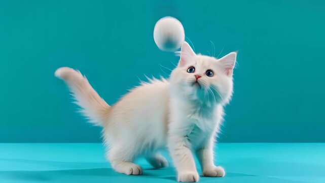 White kitten playing with feather on turquoise background in bright studio lighting for pet advertising