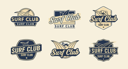 Set of Vintage Surf Club Logos and Emblems with Waves and Sun Elements, Perfect for Branding.