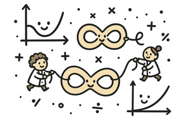 Joyful Math Doodles. Cute doodle renormalization illustration with smiling graphs, cartoon infinities being tamed by cheerful tiny