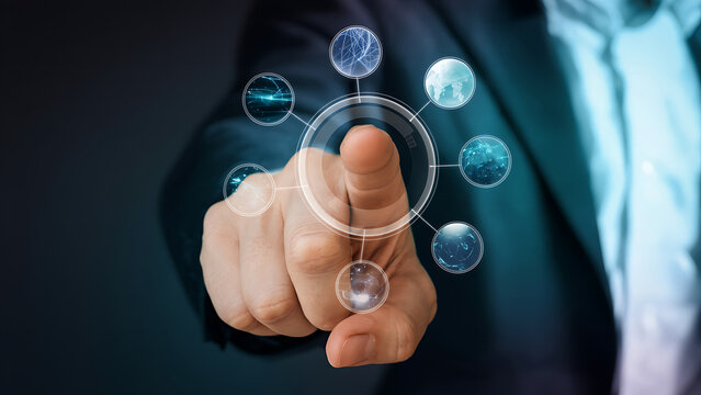 Businessman interacting with futuristic digital interface - Powered by Adobe