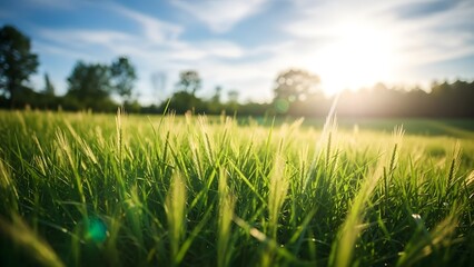 Serene landscape of a sunny green field with trees and blue sky
