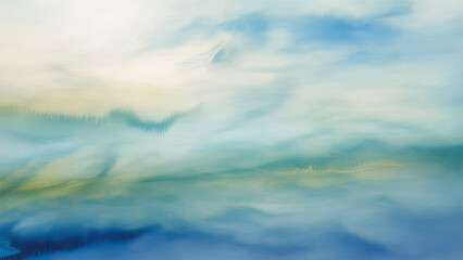 Dreamy blue and green abstract landscape with soft clouds