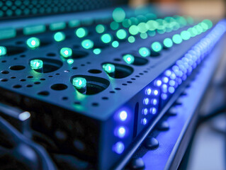 Close-up of a technological device with illuminated indicators, showcasing intricate design and glowing lights.