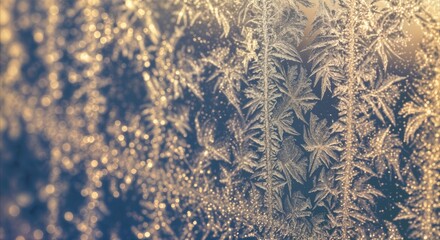 Frozen crystals forming intricate patterns on a windowpane, illuminated by soft natural light