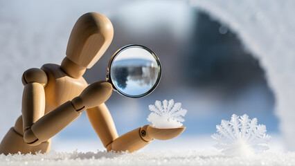 虫眼鏡で雪の結晶を観察するデッサン人形