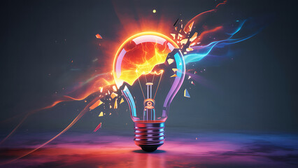 Vibrant lightbulb explodes with creative energy and innovation
