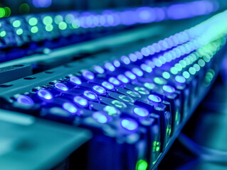 Rows of illuminated data storage units in a server room, glowing with vibrant blue and green lights.