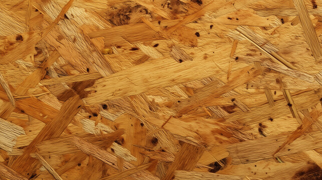 Close-up texture of compressed wood strands in a sheet of oriented strand board, showing detailed fibrous surface.
