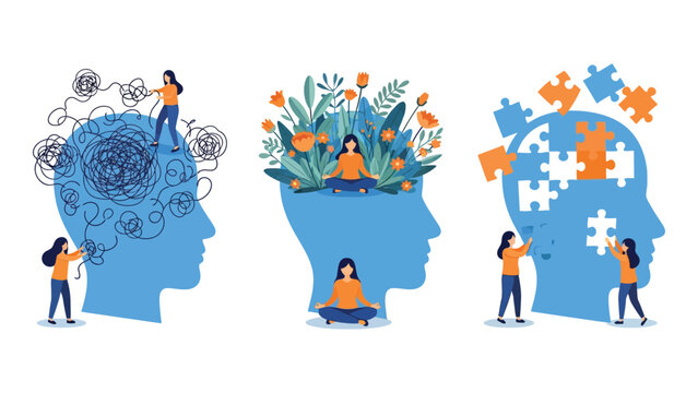 Mental health illustration set showing characters coping with stress, depression, emotional burnout, and other psychological disorders