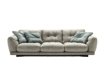Luxurious beige leather three-seater sofa featuring soft blue accent pillows on transparent background