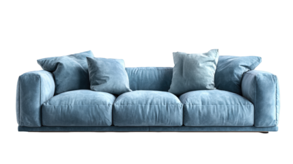 Plush blue three-seater sofa with soft oversized cushions displayed prominently on transparent background
