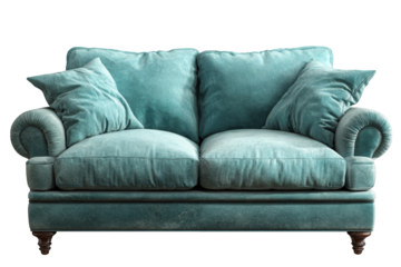 Elegant plush turquoise two-seater sofa featuring rolled arms and deep seating cushions on transparent background