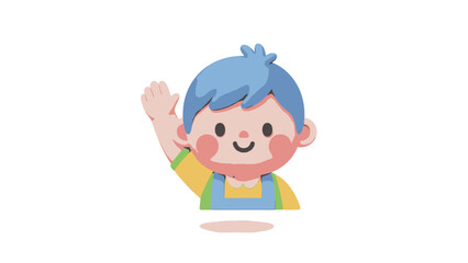 A smiling cartoon child with blue hair waves in a friendly gesture from a centered viewpoint