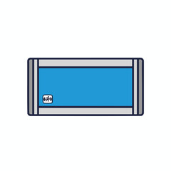 A blue rectangle with grey and black borders, a weightlifting icon
