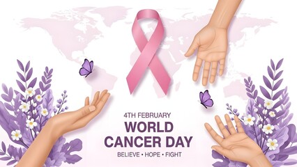 World cancer day awareness campaign with pink ribbon and purple flowers