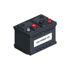 Fototapeta premium Isometric view of a dark grey car battery with red and black terminals and label