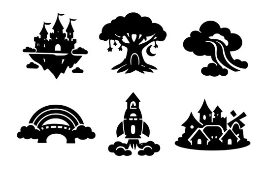 Whimsical Scenes Icons. Solid vector icons of imaginative scenes: floating castle, magical tree, cloud slide, rainbow bridge,