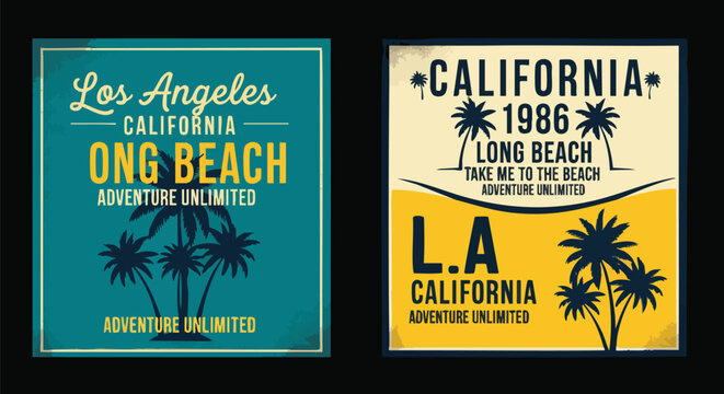 Vintage California Travel Posters featuring Los Angeles and Long Beach with Palm Trees.