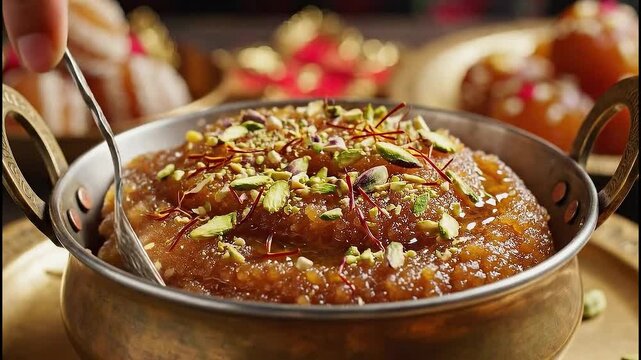 Moong dal halwa cooking in iron pan and served with pistachios and saffron garnish