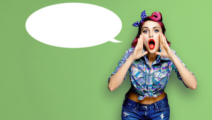 Sale ad image - expressive woman shout yelling, isolated green background with white empty mockup...