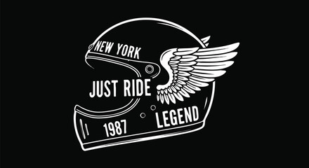 Vintage Motorcycle Helmet with Wings Emblem Graphic - "Just Ride Legend 1987 New York".