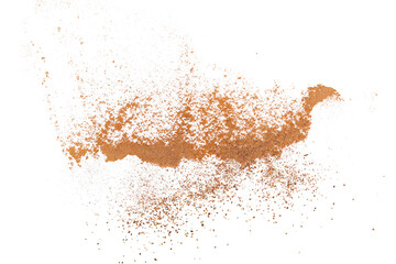 Pile cinnamon minced and planed flying, grated isolated on white background, clipping path