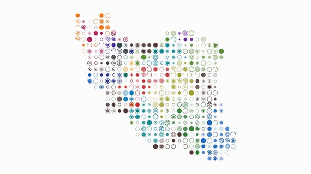 Iran map animation. Shape of the country with pulsating colored dots. Large size circle blocks. Digital style Iran map on white background. Simple video.